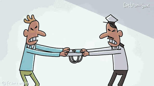 a cartoon of a man being handcuffed by a police officer with cartoon box written on the bottom