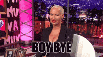 a woman is sitting in a chair with the words boy bye written on the screen behind her