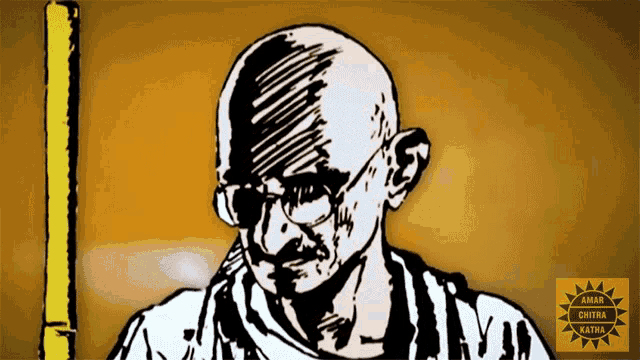 a drawing of mahatma gandhi with the words amar chitra katha on the bottom right