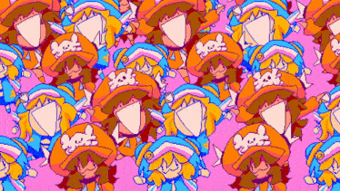 a pattern of cartoon characters wearing hats with skulls on them