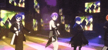 a group of anime characters are dancing on a stage in front of a wall of monitors
