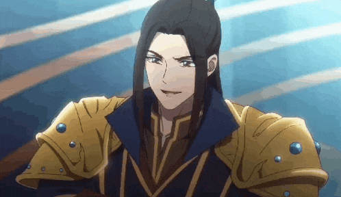a man with long hair and armor is standing in a room and looking at the camera .