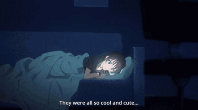 a girl laying on a bed with a cell phone and the words they were all so cool and cute below her