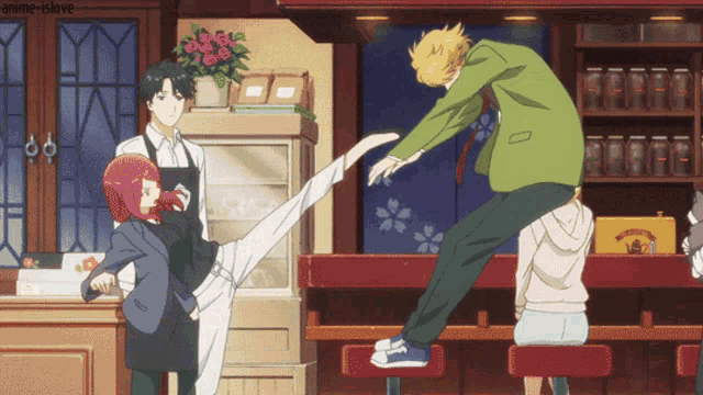 a man in a green jacket stands on a bar stool while another man kicks a woman in the leg