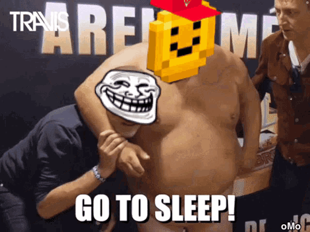 a troll face is on a shirtless man 's shoulder with the words go to sleep below it