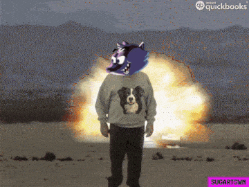 a man with a dog on his sweater stands in front of an explosion
