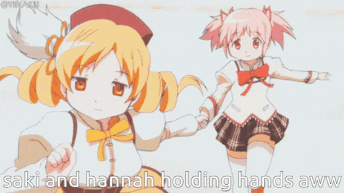 two anime girls are holding hands with the caption saki and hannah holding hands aww