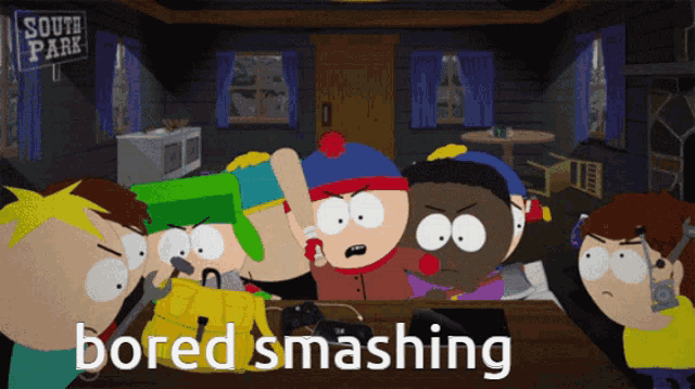 a group of south park characters are sitting around a table with the words bored smashing below them