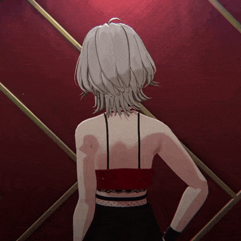 a woman with white hair is standing in front of a red wall with her hands on her hips