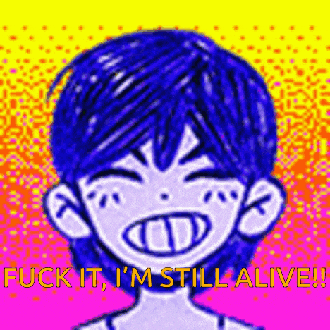 a cartoon of a boy with blue hair is smiling and says `` fuck it , i 'm still alive ! ''