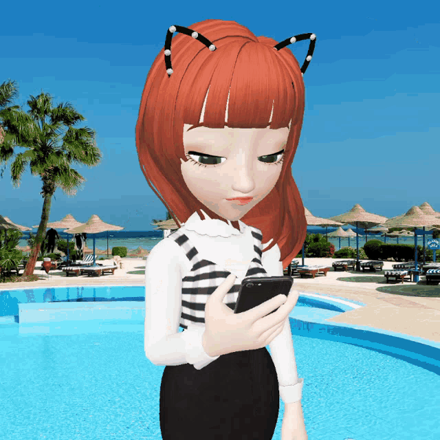 a girl with cat ears looks at her phone in front of a swimming pool
