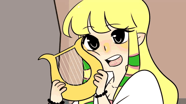 a cartoon drawing of a girl holding a harp and smiling