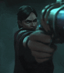 a cartoon character is pointing a gun at the camera in a dark room