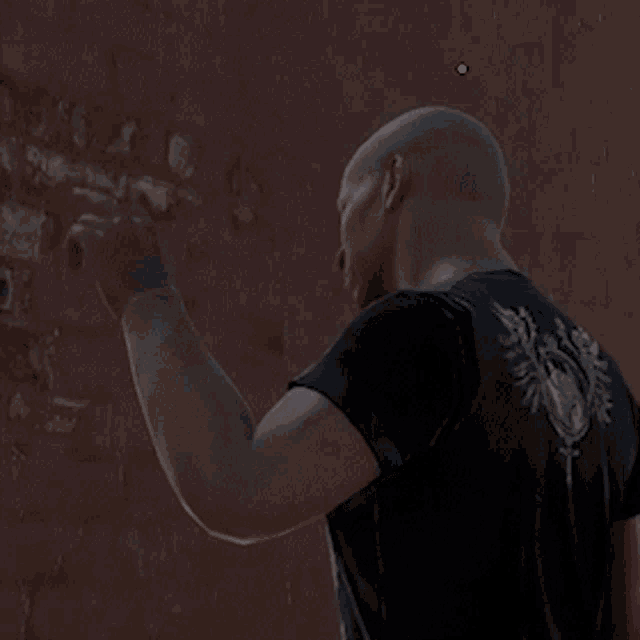 a bald man wearing a black shirt with a eagle on the back