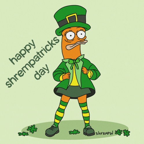 a cartoon drawing of a leprechaun with the words happy shrempatricks day