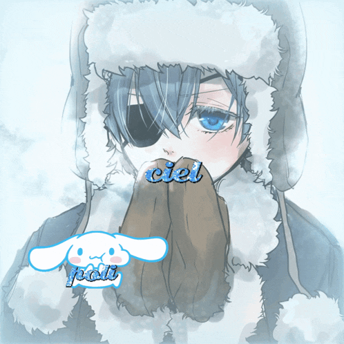 a drawing of a boy wearing a fur hat and scarf with the word ciel written on it