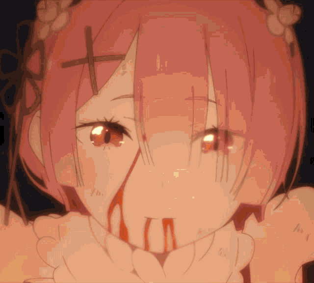 a drawing of a girl with pink hair and red eyes