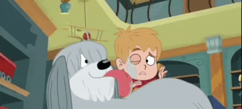 a boy is laying on a dog 's lap in a cartoon .