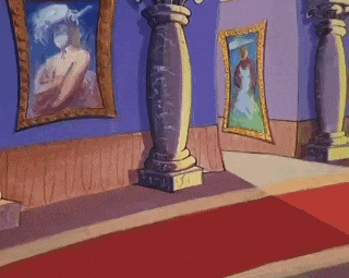 a cartoon drawing of a room with paintings on the walls
