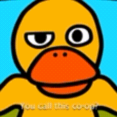 a close up of a cartoon duck with the words " you call this co-op " written below it