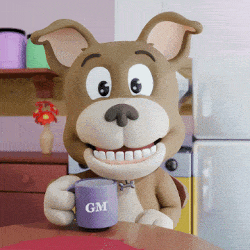 a cartoon dog holding a purple mug that says gm on it