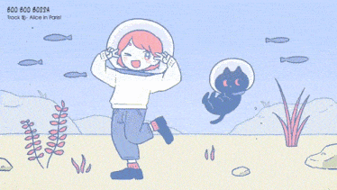 a cartoon drawing of a girl in a space suit and a cat with the numbers 600 800 63294 on the bottom
