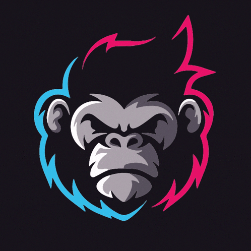 a gorilla with blue and red lightning bolts around its head
