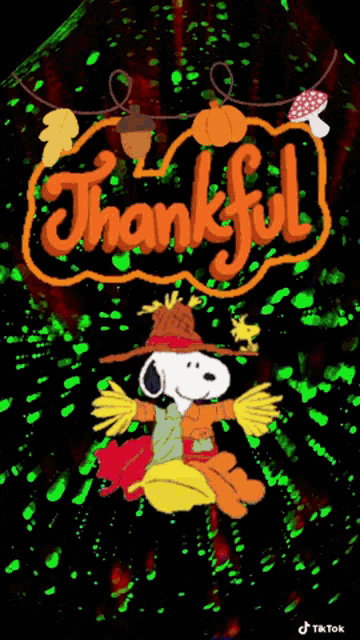 a snoopy scarecrow with the words thankful written above it
