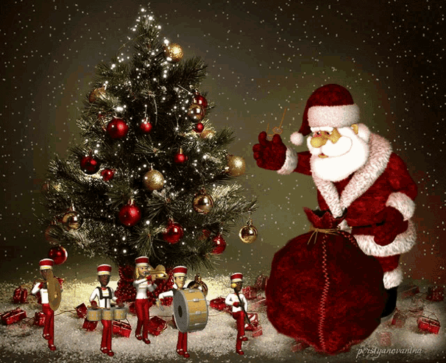 a christmas tree is decorated with red and gold ornaments and a santa claus is standing in front of it