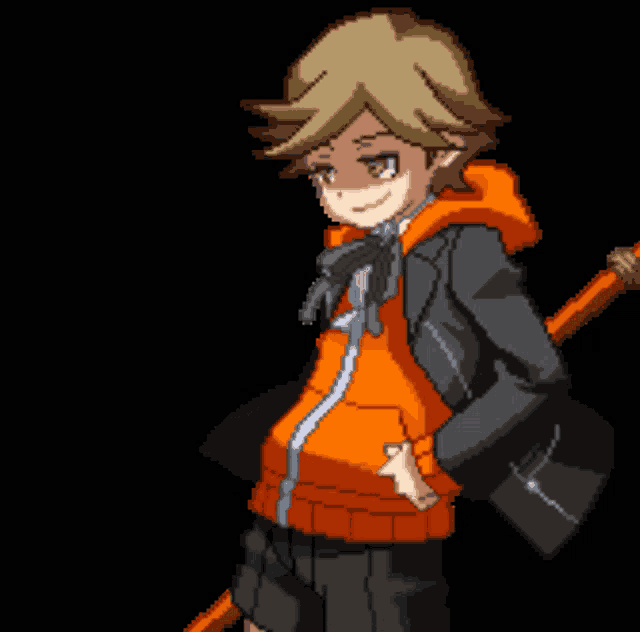 a pixel art drawing of a girl in an orange jacket
