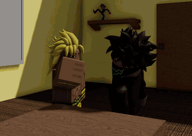 a cartoon character with yellow hair is standing next to a black character with black hair