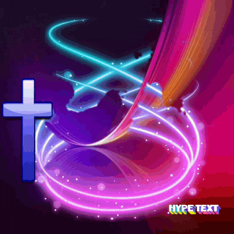 a colorful background with a cross and the word hype text on the bottom