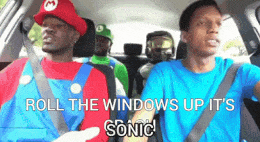 a group of people in a car with the words roll the windows up it 's sonic written on the screen