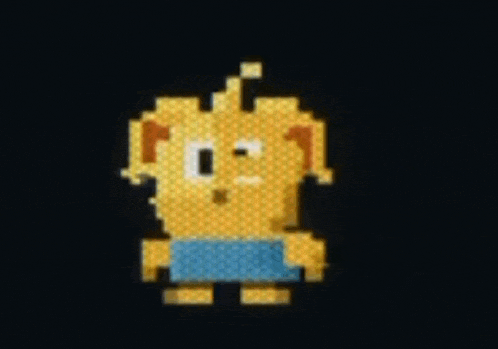 a pixel art drawing of a cartoon character with a blue shirt on