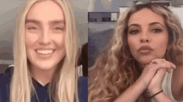 two blonde women are sitting next to each other with their hands on their chins .