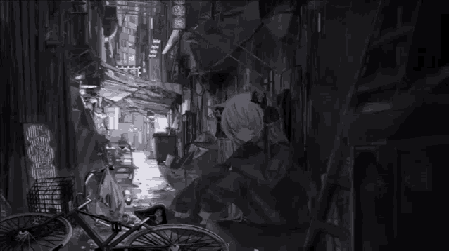 a black and white drawing of a person sitting on the ground next to a bicycle in a narrow alleyway .