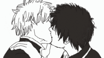 two men are kissing each other in a black and white drawing .