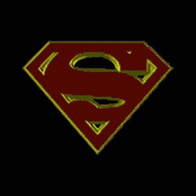a red and yellow superman logo with a hole in it