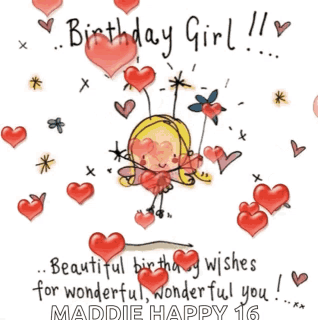 a birthday card with a fairy surrounded by hearts and flowers .