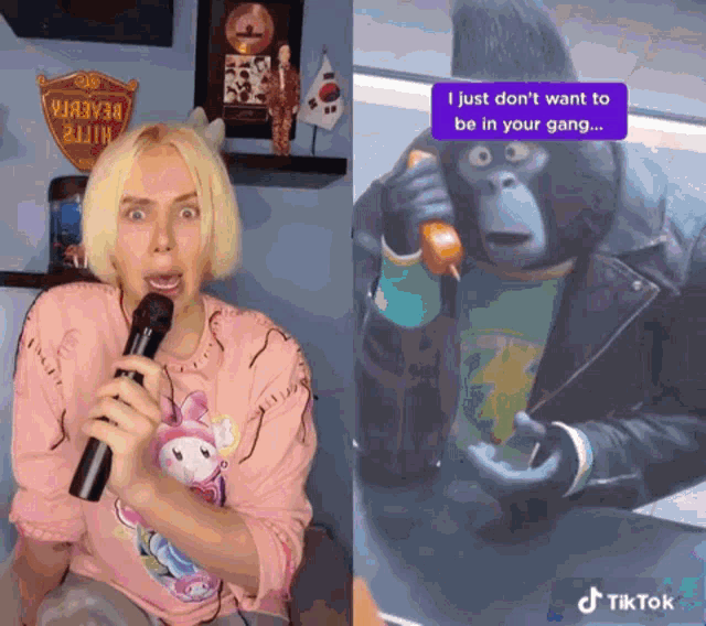 a woman singing into a microphone next to a gorilla talking on a telephone