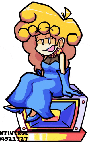 a cartoon drawing of a woman in a blue dress sitting on a box .