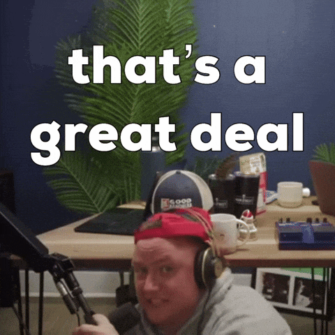 a man wearing headphones with the words that 's a great deal above him