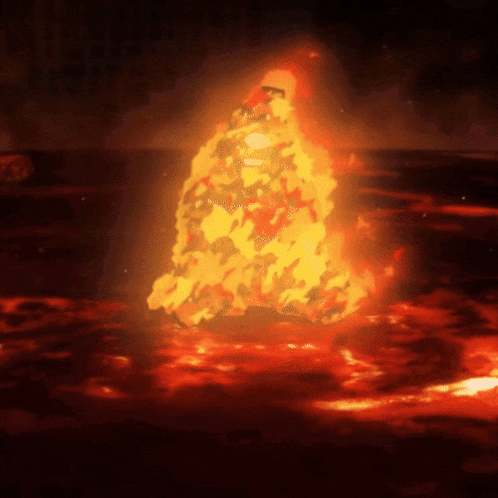 a painting of a volcano erupting into the ocean at night