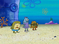 a group of cartoon characters are standing on a sandy beach and one of them is wearing glasses