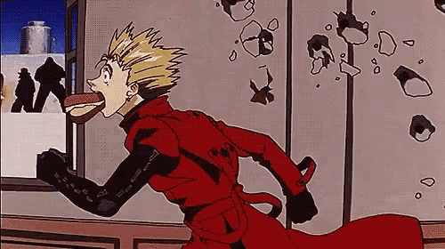 a cartoon character in a red coat is running with a hamburger in his mouth .