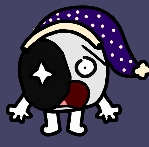 a black and white cartoon character with a purple hat on