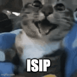 a cat is sitting on a blue blanket with its mouth open and the words isip written on it .