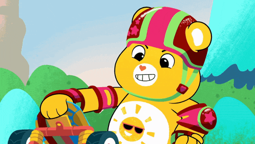 a cartoon bear wearing a helmet and sunglasses