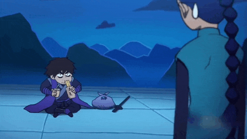 a cartoon character is sitting on the floor eating a sandwich