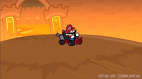 a cartoon of mario driving a kart in front of a castle with youtube.com/terminalmontage at the bottom